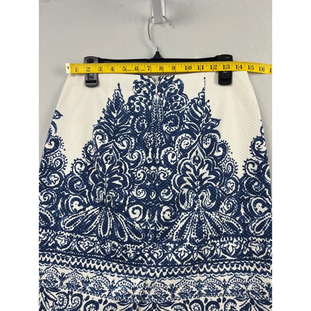 J.Crew No. 2 Pencil Skirt Women 4 White Blue Damask Tile Print Pique Cotton Bl